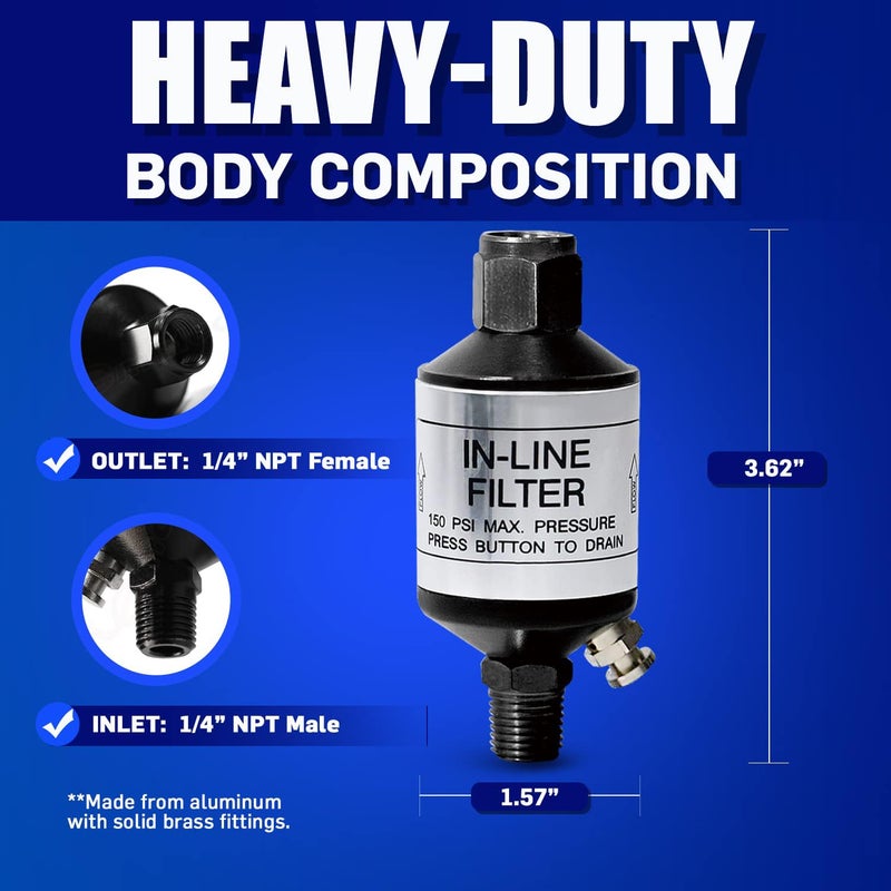 LE LEMATEC فاصل مياه وضاغط هواء LE LEMATEC مع صمام تصريف بزر ضغط، 1/4" NPT مزيل رطوبة متصل لمدفع طلاء HVLP، آلة الرمل، قاطع البلازما - AI303-C1 - Image 3